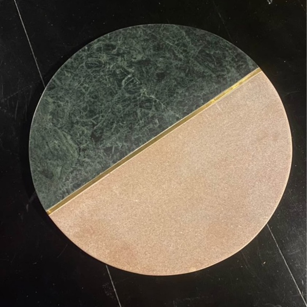 Round marble decorative display tray or cheese board with brass inlay